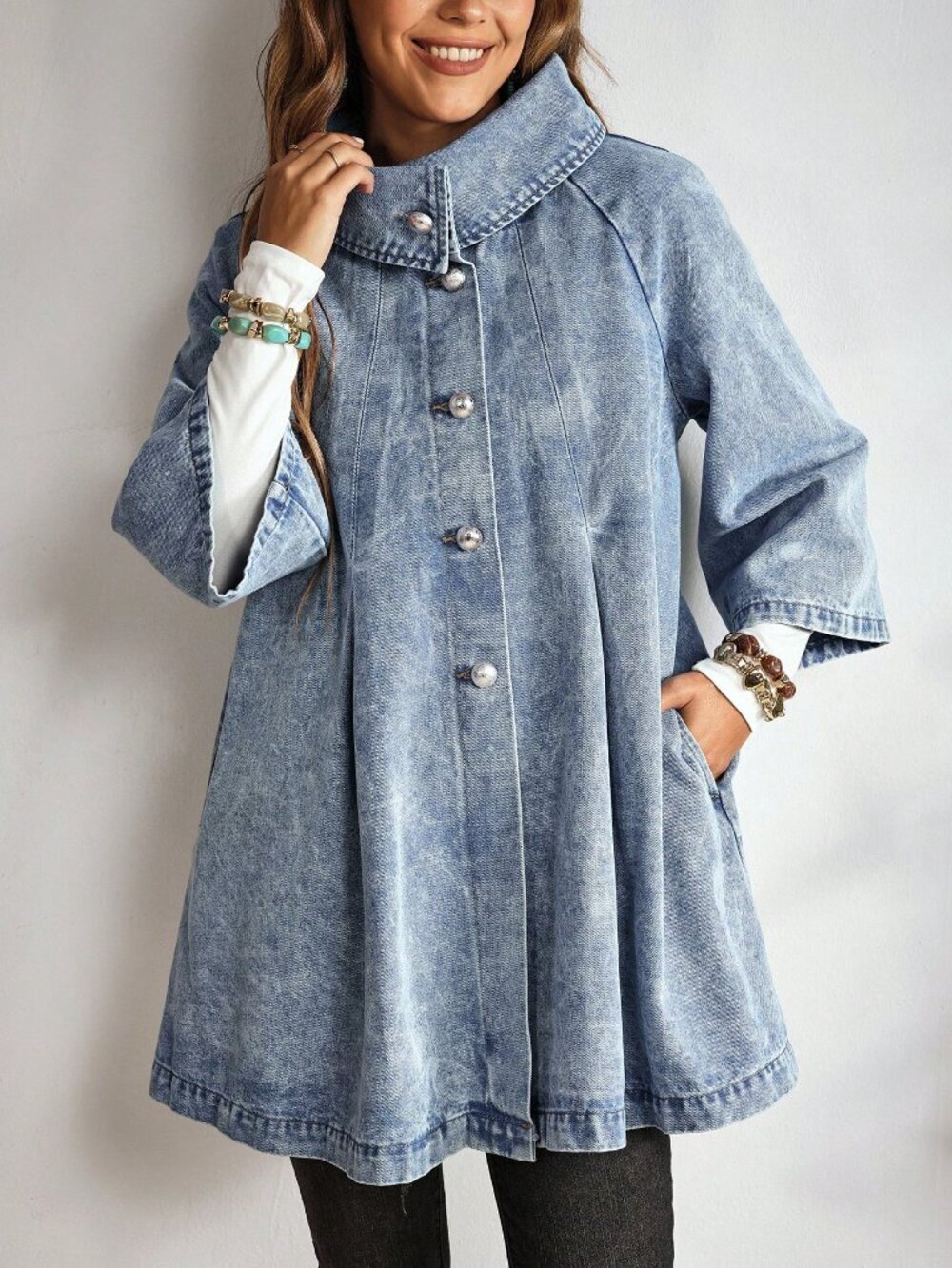 Blue Casual Women's Denim Jacket With Raglan Sleeves And Single-Breasted Closure